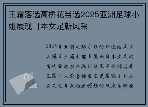 王霜落选高桥花当选2025亚洲足球小姐展现日本女足新风采